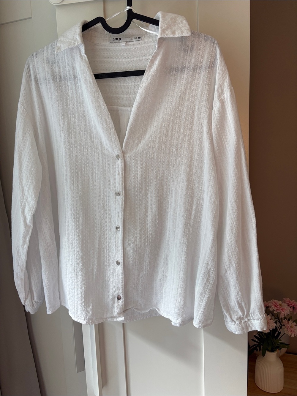100% Cotton Zara White Embroidered Stripe Button-Down Shirt